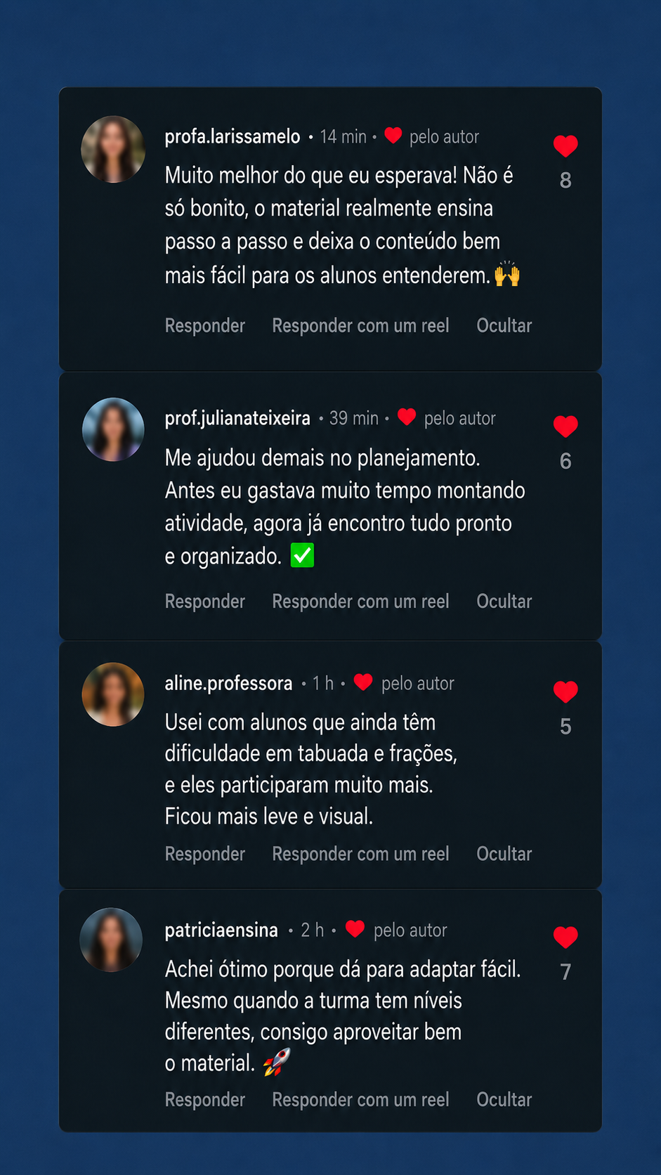 Depoimento em comentários de professoras