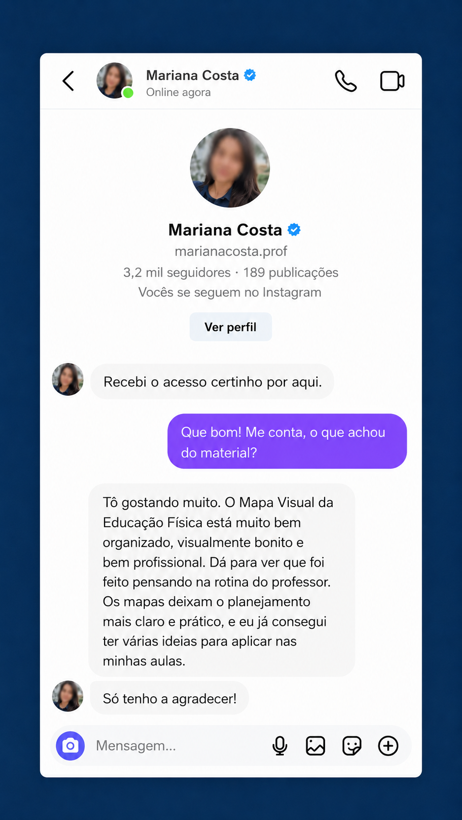 Depoimento em mensagem direta do Instagram